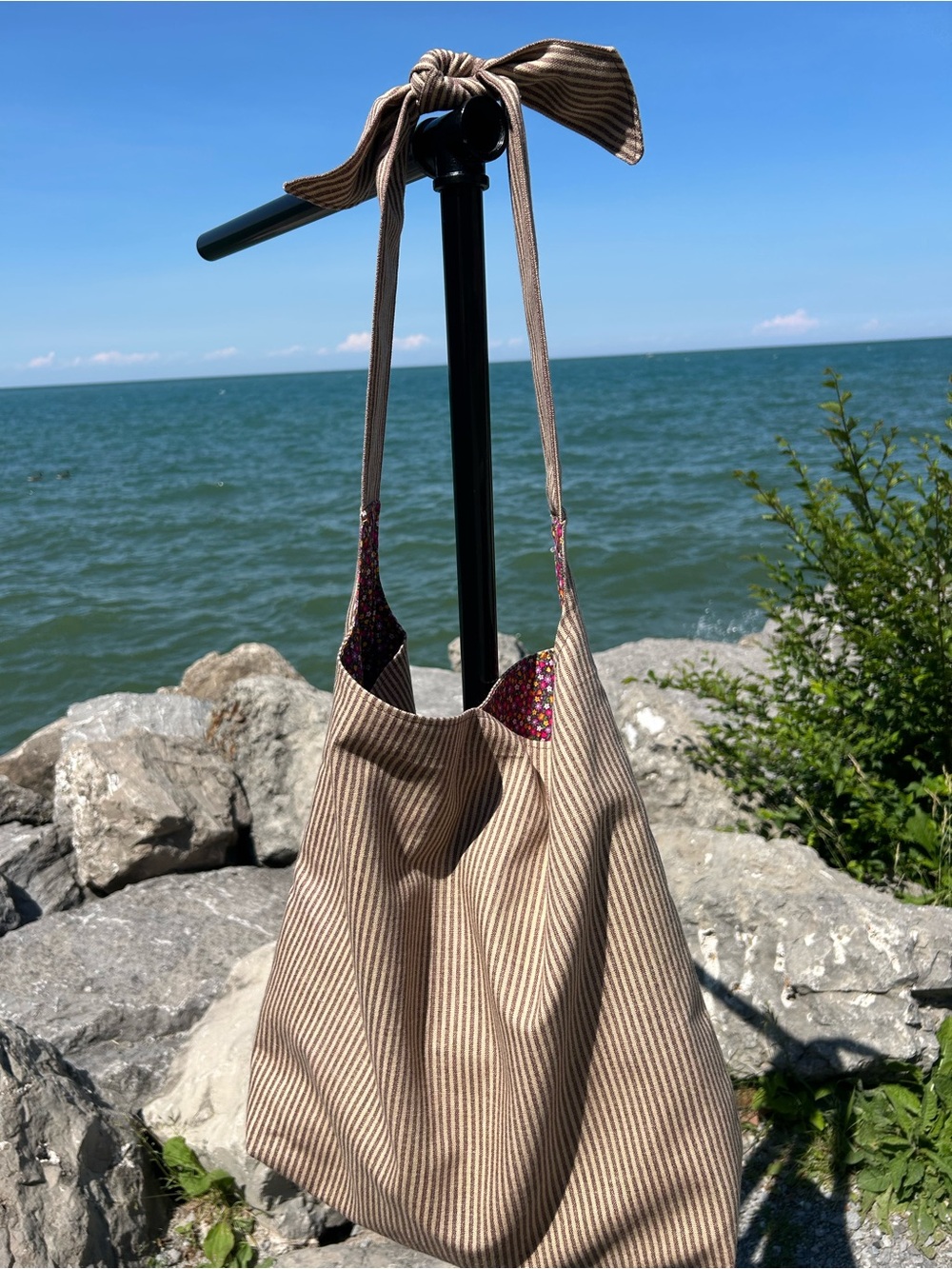 Striped Tan Cotton Shoulder Bag
